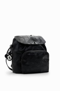 Black leather backpack with embossed circular and heart patterns, a flap closure, front zipper pocket, and Mickey Mouse charm attached.