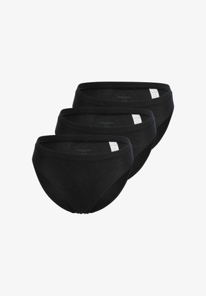 Culottes en coton noir vendues par lot de trois. Chaque paire possède une finition lisse, une coupe classique et une taille élastique avec une étiquette près du dos.