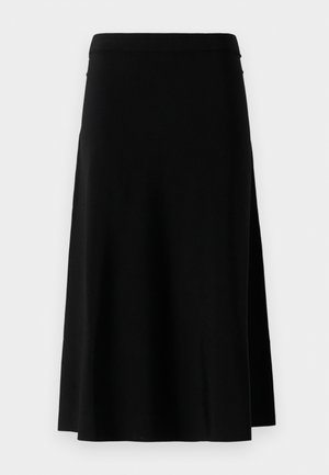 Black knee-length skirt with a straight cut and side slit, displayed against a white background.