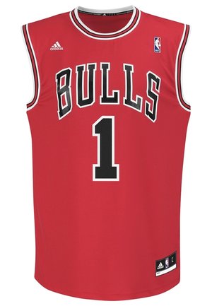 Rød Chicago Bulls basketballtrøje med nummer 1, Adidas- og NBA-logoer samt sorte og hvide detaljer på krave og ærmer.