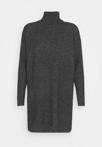 Grå polotröja med långa ärmar, tillverkad av strukturerad stickad material, som når till mitten av låret. Inga synliga mönster eller detaljer.