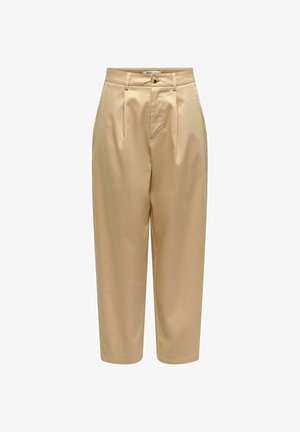 Pantalon fuselé beige taille haute avec plis avant, passants de ceinture, fermeture par bouton et fermeture éclair dissimulée.