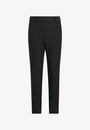 Pantalones negros de corte ajustado con trabillas para cinturón, bolsillos frontales y un acabado limpio sin arrugas.