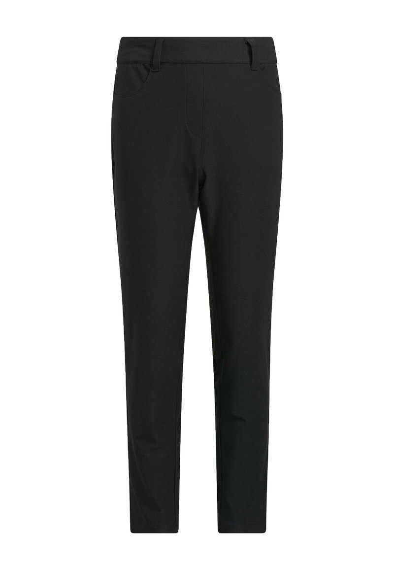 Pantalones negros de corte ajustado con trabillas para cinturón, bolsillos frontales y un acabado limpio sin arrugas.