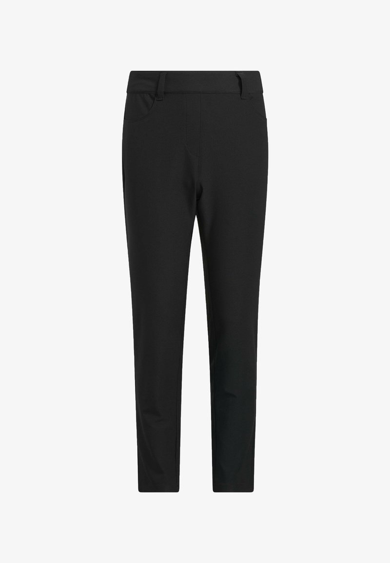 Pantalones negros de corte ajustado con trabillas para cinturón, bolsillos frontales y un acabado limpio sin arrugas.