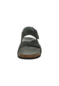 Schwarze Ledersandale mit verstellbaren Riemen, weichem Fußbett, Kork-Zwischensohle und Gummisohle. Offenes Zehendesign, geeignet für Freizeitkleidung.