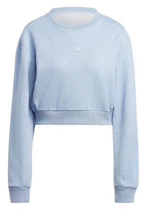 Sweat-shirt court bleu clair à manches longues avec petit logo Adidas blanc sur la poitrine.