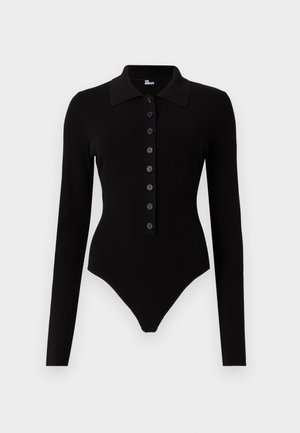 Body côtelé noir à manches longues avec col pointu et rangée de huit boutons à l'avant, coupe ajustée avec ouvertures hautes aux jambes.