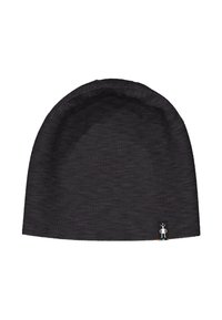 Black knit beanie with a small white robot logo tag near the bottom edge on a plain white background.