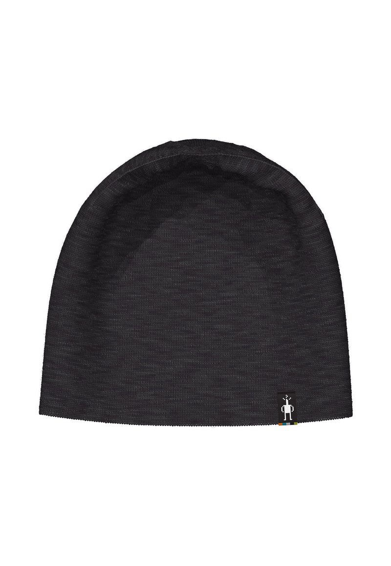 Black knit beanie with a small white robot logo tag near the bottom edge on a plain white background.