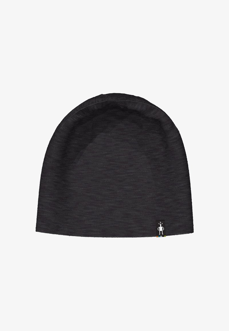 Black knit beanie with a small white robot logo tag near the bottom edge on a plain white background.