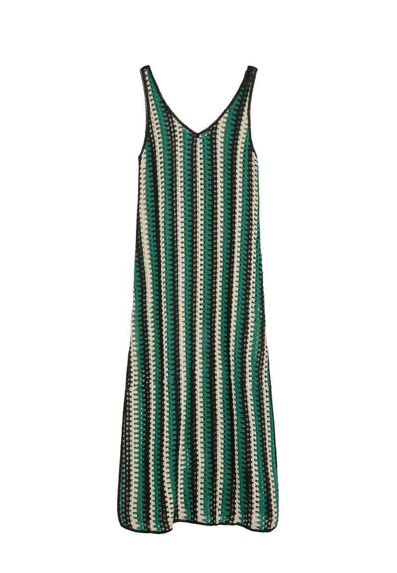 Vestido sin mangas con un diseño de escote en V, que presenta rayas verticales en verde, negro y crema, y una tela ligera y texturizada.