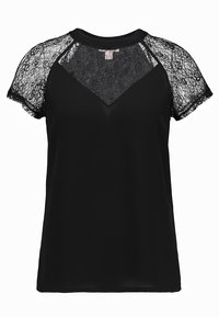 Black short-sleeve top with a sheer lace yoke and sleeve accents, featuring a round neckline and a relaxed fit. Smooth fabric texture.