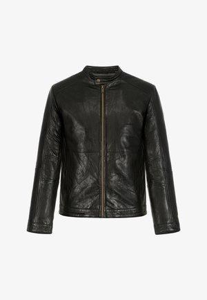 Czarna skórzana kurtka z kołnierzem typu stójka, przednim suwakiem i delikatnym połyskiem. Posiada panelowy design i długie rękawy, zapewniając gładką teksturę.