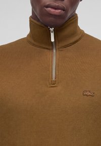 Homme portant un pull marron à fermeture éclair quart, col montant et logo crocodile brodé sur la poitrine gauche.