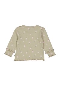 Maglietta a maniche lunghe in cotone a coste di colore verde oliva con motivo di ananas rosa. I polsini e l'orlo arricciati aggiungono texture. Finitura liscia e design con collo a giro.