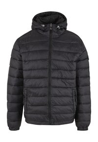 Czarna kurtka puchowa z zamkiem błyskawicznym z przodu, regulowanym kapturem oraz dwoma bocznymi kieszeniami. Teksturowany, pikowany wzór z elastycznymi mankietami.