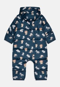 Marinblå vadderad babyoverall med huva, med ett mönster av tecknade lejon, giraffer, zebror, apor, elefanter och noshörningar.