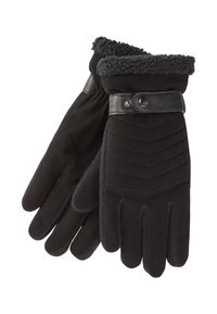 Guanti neri in tessuto morbido con una fodera in pelliccia sintetica, caratterizzati da una fascia in pelle e dettagli trapuntati al polso.