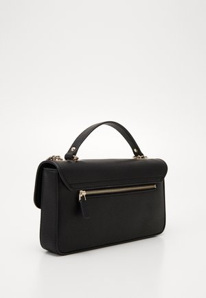 Black textured leather handbag with a top handle and a front horizontal zipper pocket with silver hardware details.