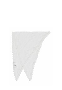 White lace scarf featuring scalloped edges and intricate floral patterns. Made of lightweight fabric, triangular in shape.