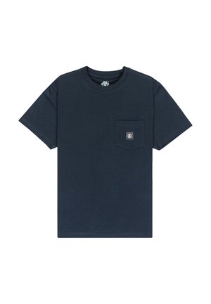 Marineblauwe katoenen T-shirt met een ronde hals, korte mouwen en een borstzak met een klein logo-opdruk.