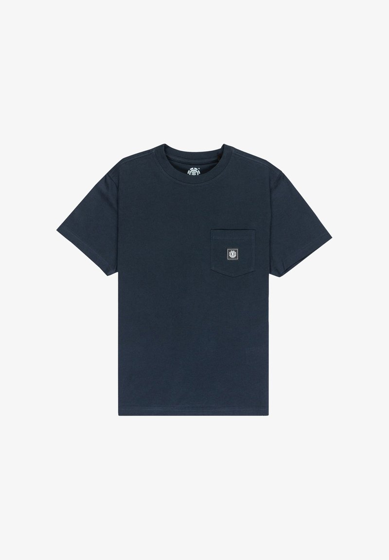 Námořnická modrá bavlněná tričko s kulatým výstřihem, krátkými rukávy a přední kapsou se malou nášivkou logo.