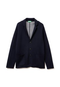 Granatowy kardigan wykonany z mieszanki wełny, z szarym wnętrzem, wyciętym kołnierzem, czterema czarnymi guzikami i dwiema przednimi kieszeniami.