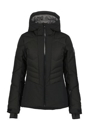 Zwarte geïsoleerde winterjas met capuchon, voorkant met rits, gewatteerd design, verstelbare manchetten met duimgaten en een logo patch op de linker mouw.