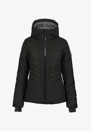 Giacca invernale nera con cappuccio, isolata, dotata di zip frontale, design imbottito, polsini regolabili con fori per il pollice e una patch con logo sulla manica sinistra.