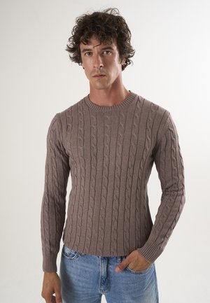 Kabelstrickpullover in Hellbraun, mit Rundhalsausschnitt und gerippten Bündchen. Kombiniert mit hellblauen Jeans in entspannter Passform.