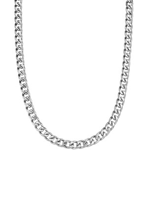 Silver chain necklace featuring interlocking oval links, polished finish, and a flat surface. Measures approximately 1 cm in width.