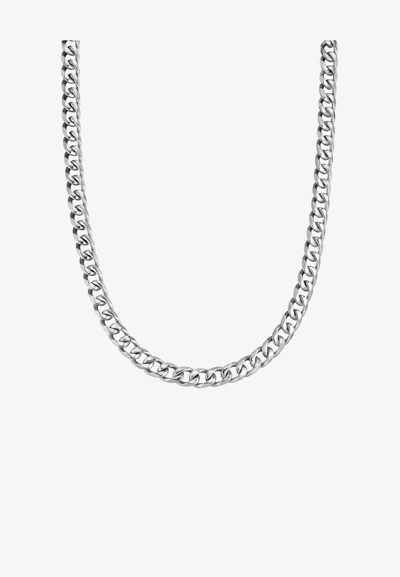 Hõbedane ketiahel, mis koosneb omavahel läbi põimunud ovaalsetest linkidest, poleeritud viimistluse ja tasase pinnaga. Laius on umbes 1 cm.