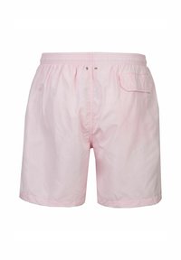 Roze zwembroek gemaakt van lichtgewicht stof, met een elastische tailleband, zijzakken en een achterzak met klep.
