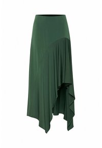 Grön asymmetrisk kjol i mjukt tyg med draperade lager och bred midjeband, som har en flytande siluett och texturerad nederkant.
