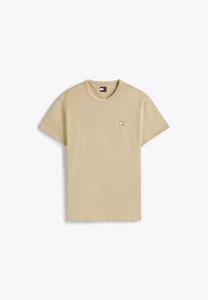 Lichtbeige katoenen t-shirt met korte mouwen, ronde halslijn en een klein logopatch op de borst. Glad textuur en een ontspannen pasvorm.