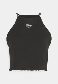 Black cotton halter crop top with a ribbed texture, featuring a white embroidered "Tommy" logo on the front and a raw hemline.