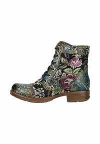 Stivaletto con un motivo floreale nero caratterizzato da ricami rosa e verdi, materiale in pelle, punta arrotondata e tacco in legno.