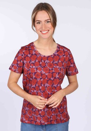 Kurzarm-Oberteil aus lila Stoff mit floralem Muster, das rote und pinke Blumen zeigt. Rundhalsausschnitt und lockere Passform.