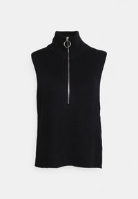 Černý bezrukávový rolák z žebrovaného pleteného materiálu se stříbrným zipem a detailním kroužkem na krku. Hladký povrch, volný střih.