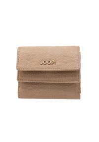 Beige leren portemonnee met een gestructureerde afwerking, met twee opgestapelde compartimenten en een geperst "JOOP!" logo aan de voorkant.
