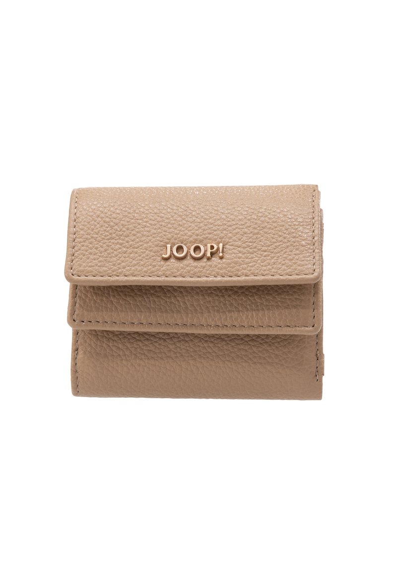 Beige leren portemonnee met een gestructureerde afwerking, met twee opgestapelde compartimenten en een geperst "JOOP!" logo aan de voorkant.