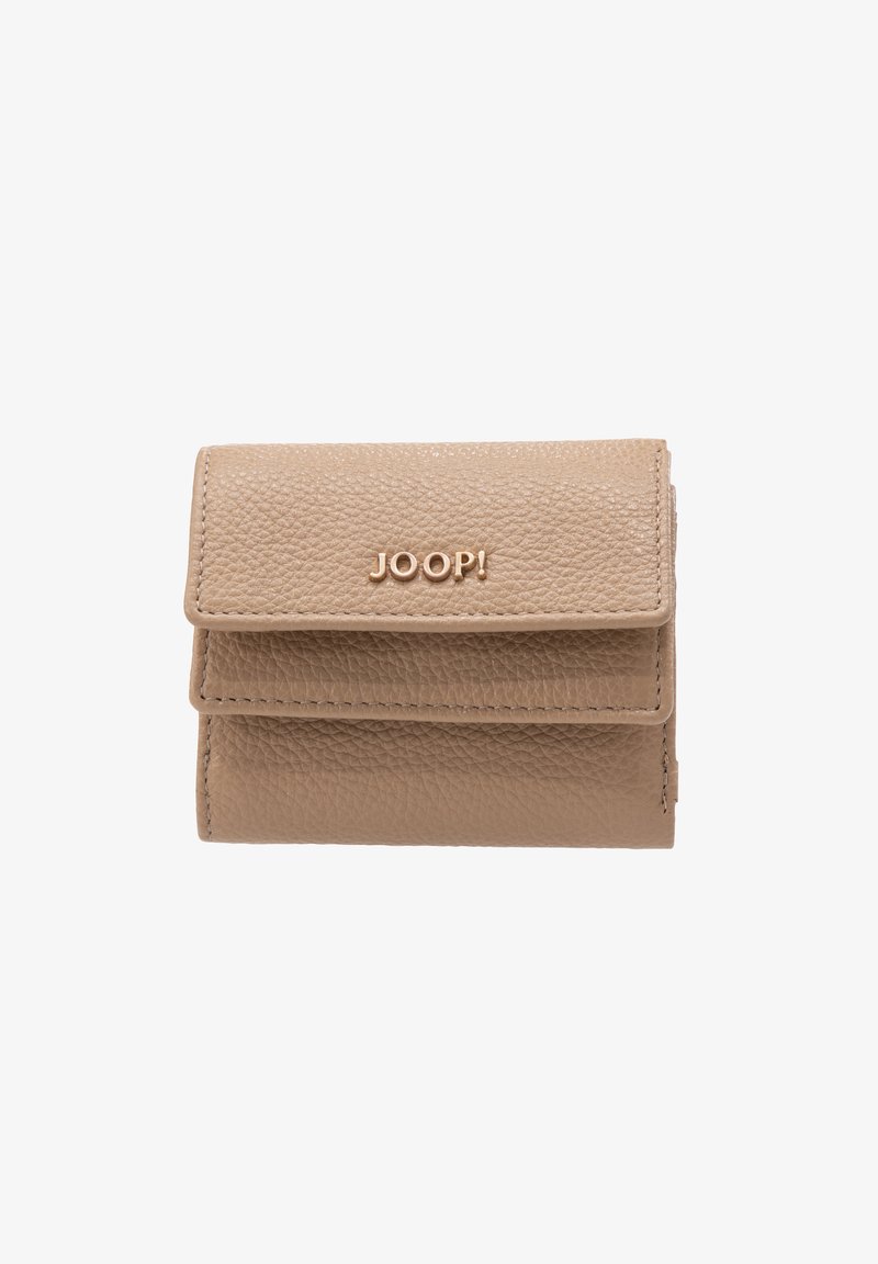 Beige leren portemonnee met een gestructureerde afwerking, met twee opgestapelde compartimenten en een geperst "JOOP!" logo aan de voorkant.
