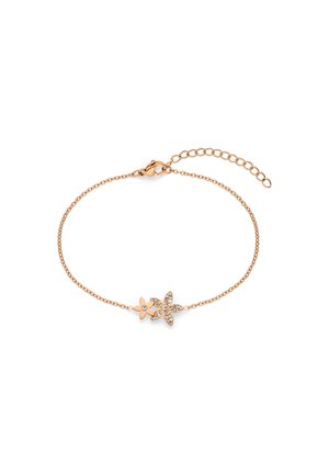 Zartes Armband aus Roségold mit zwei Blumenanhängern, einer schlicht und einer mit kleinen klaren Kristallen verziert, und verstellbarem Verschluss.