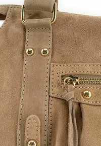 Section de sac à main en daim beige avec une fermeture éclair dorée, des ferrures en métal, des coutures décoratives et une poche avec un détail de frange.