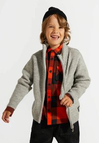 Szary, prążkowany sweter na zamek, noszony na czerwono-czarną koszulę w kratę. Czarna czapka. Uśmiechnięte dziecko z falowanymi włosami, stojące.