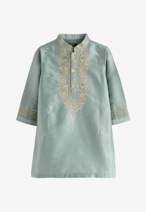 Lysegrøn traditionel langærmet kurta med gyldent blomsterbroderi, tre træknapper og dekorativ kant på krave og manchetter.