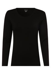 Maglietta nera a maniche lunghe in morbido cotone con scollatura rotonda e texture liscia. Nessun motivo visibile o dettagli hardware.