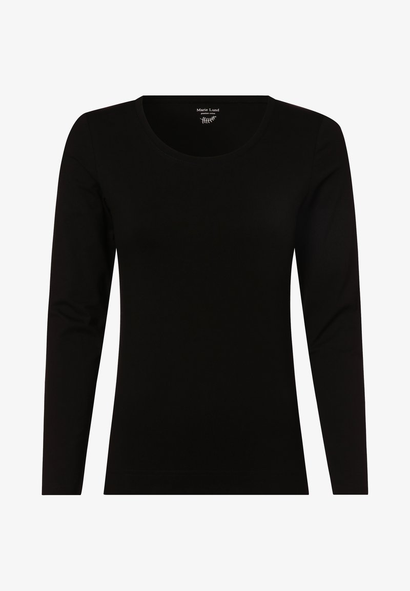 Schwarzes Langarm-T-Shirt aus weicher Baumwolle mit rundem Ausschnitt und glatter Textur. Keine sichtbaren Muster oder Hardware-Akzente.