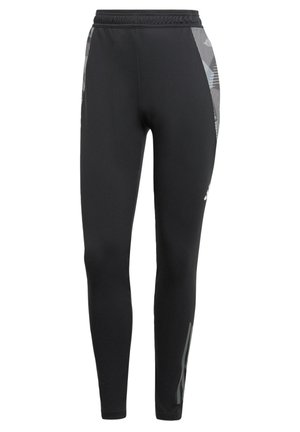 Leggings atletici neri con design aderente, pannelli laterali in rete grigia testurizzati, vita elasticizzata e accenti riflettenti sulle gambe.